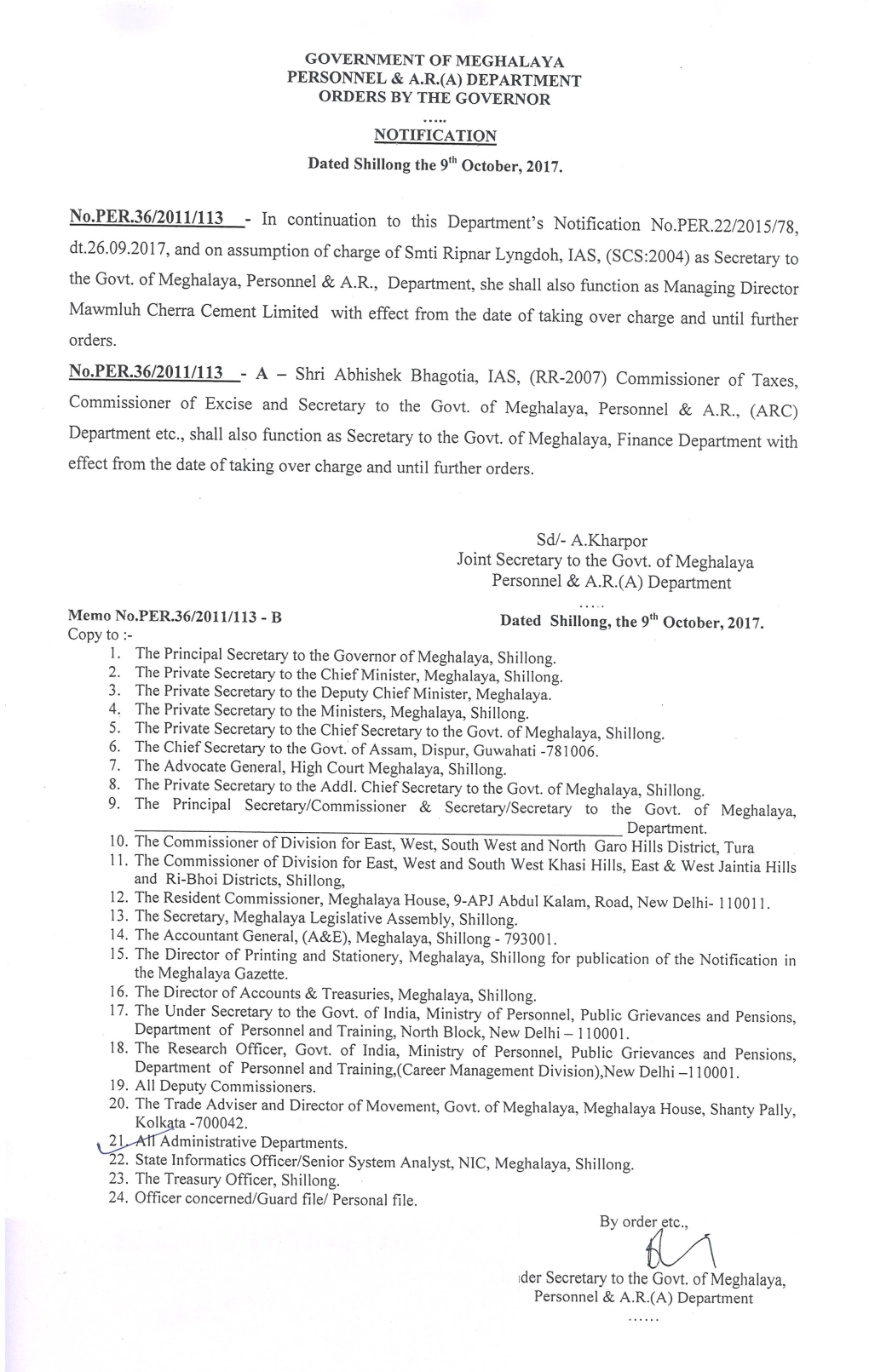 Government of Meghalaya Personnel & A.R.(A) Department Orders by the Governor