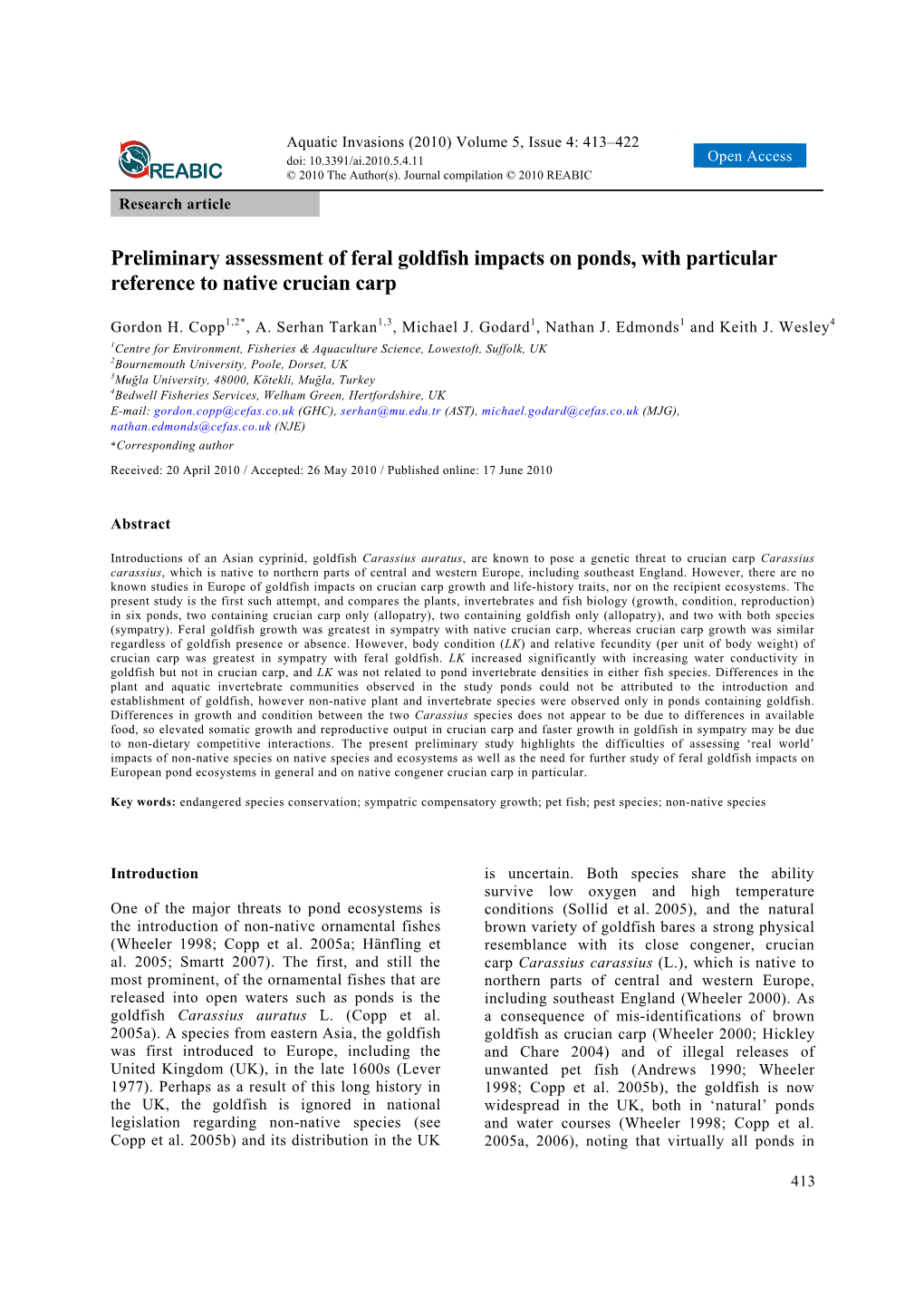 Preliminary Assessment of Feral Goldfish Impacts on Ponds, with Particular Reference to Native Crucian Carp