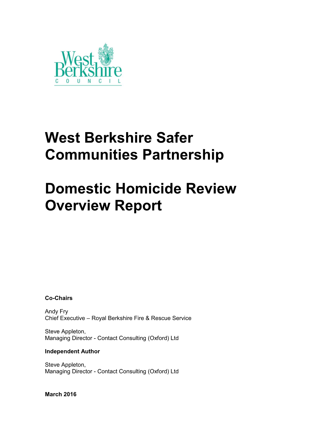 West Berkshire Safer Communities Partnership Domestic Homicide