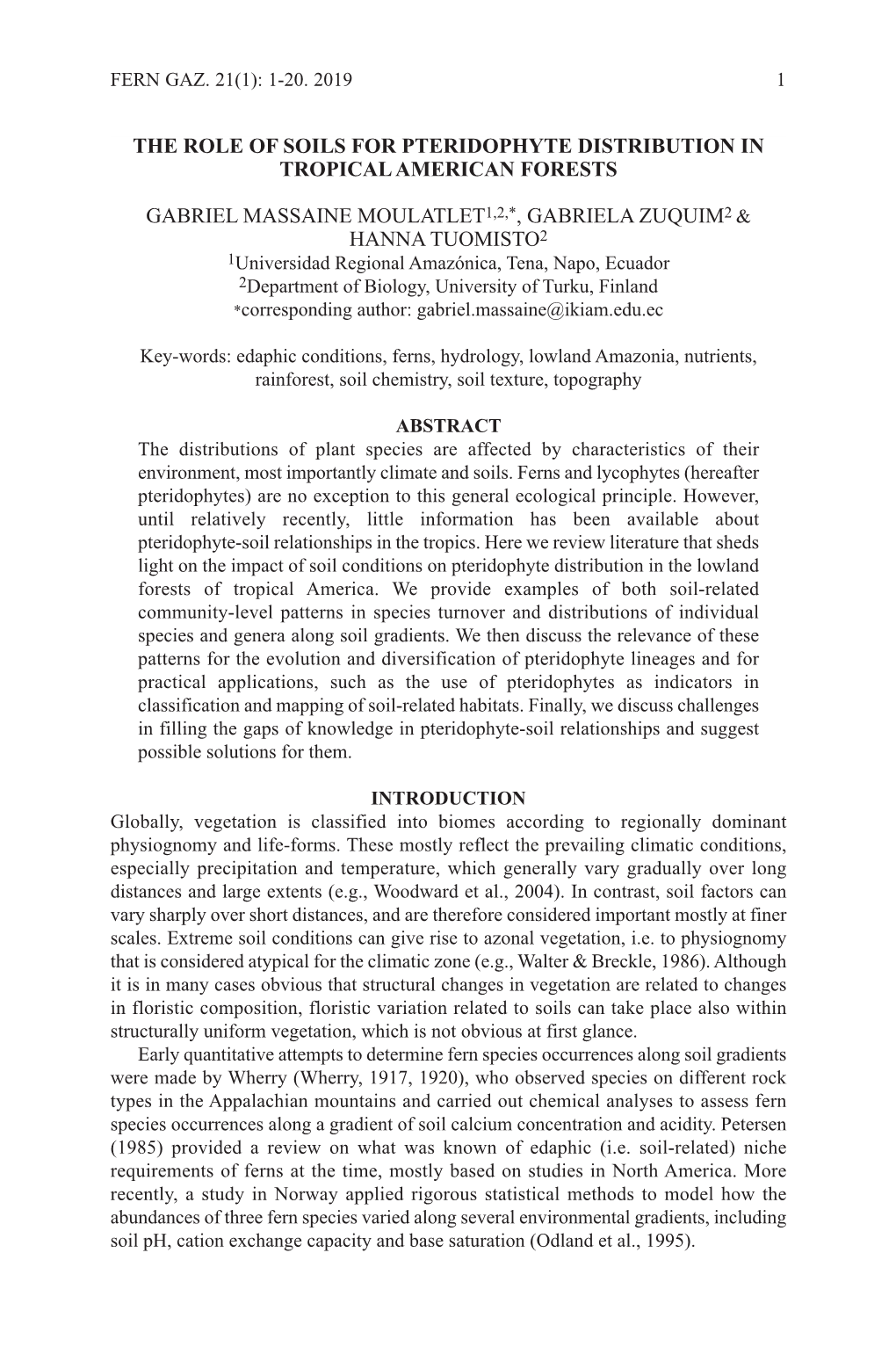 The Role of Soils for Pteridophyte Distribution in Tropical American Forests