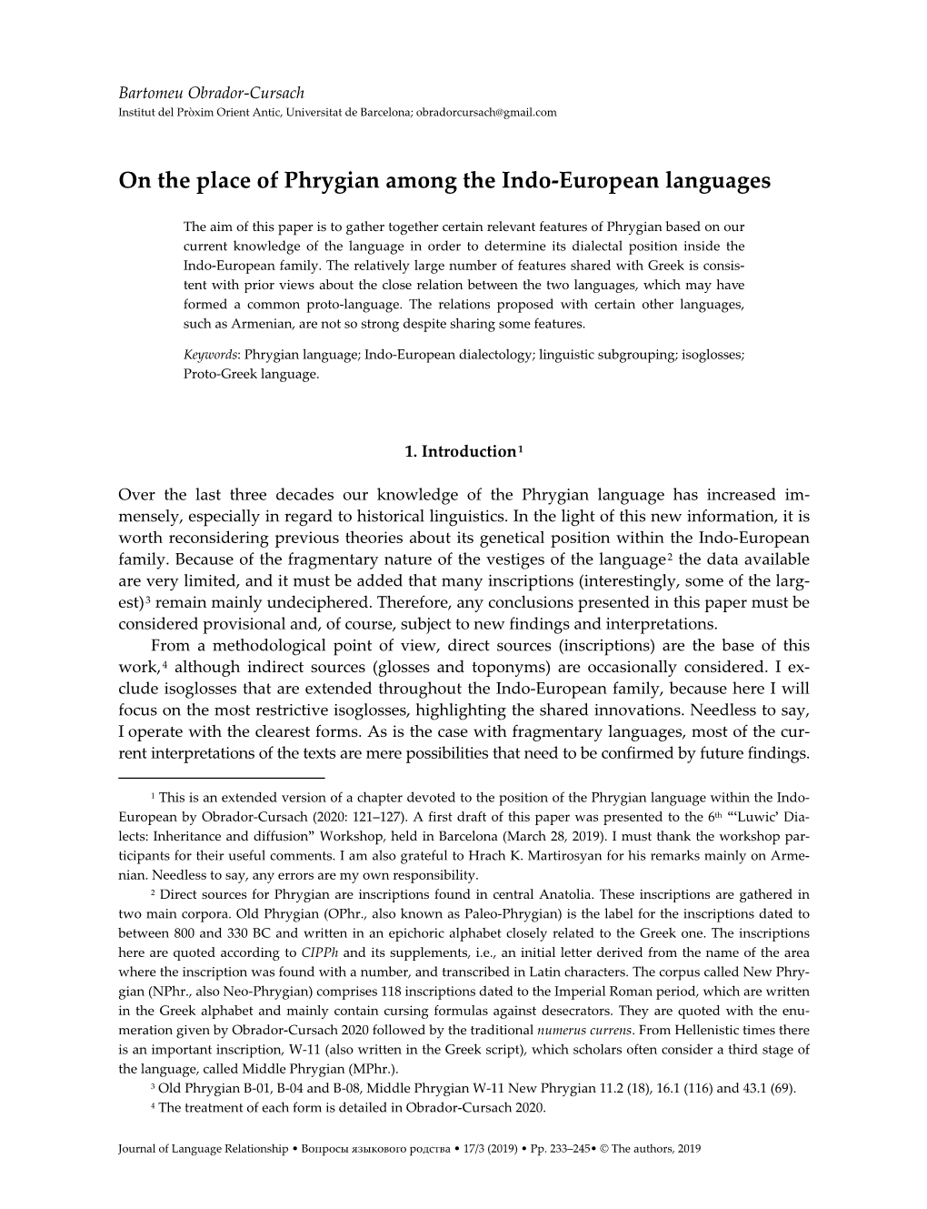 On the Place of Phrygian Among the Indo-European Languages