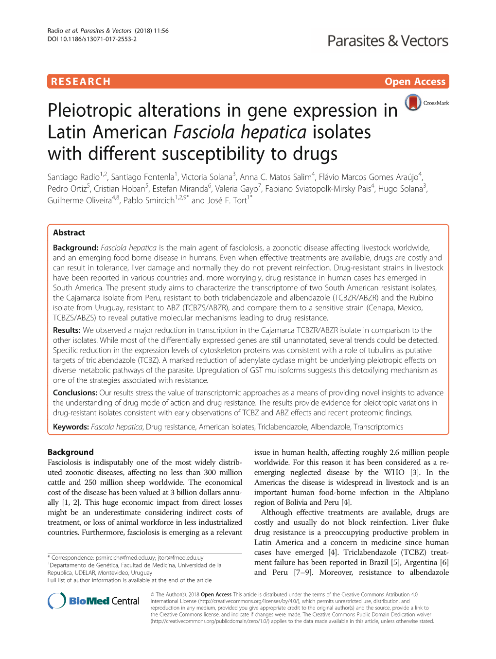Pleiotropic Alterations in Gene Expression in Latin American Fasciola Hepatica Isolates with Different Susceptibility to Drugs