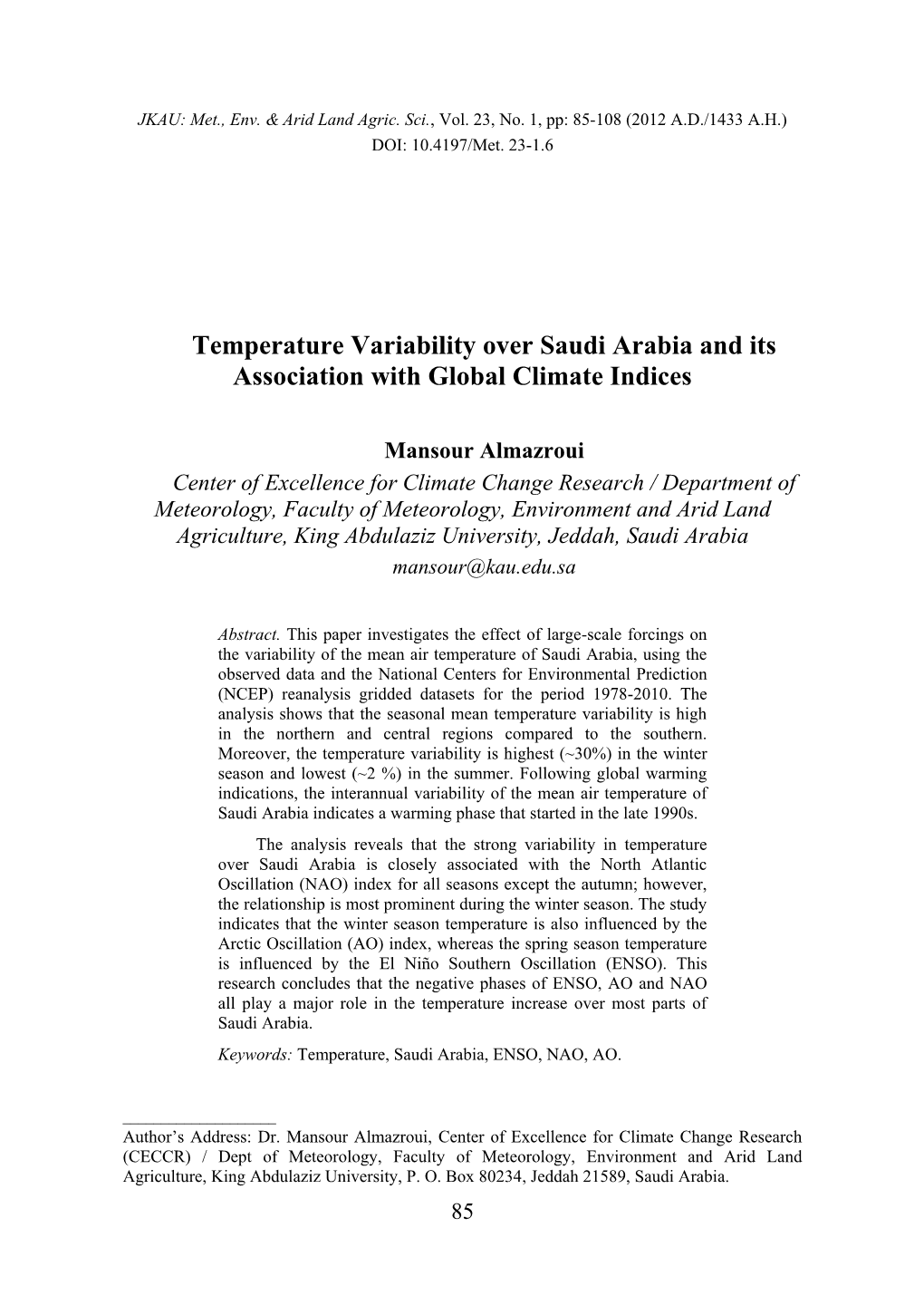 Temperature Variability Over Saudi Arabia and Its Association with Global Climate Indices