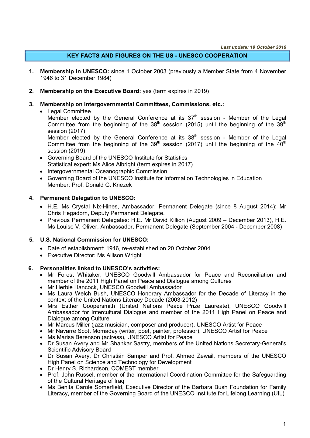 UNESCO COOPERATION 1. Membership in UNESCO