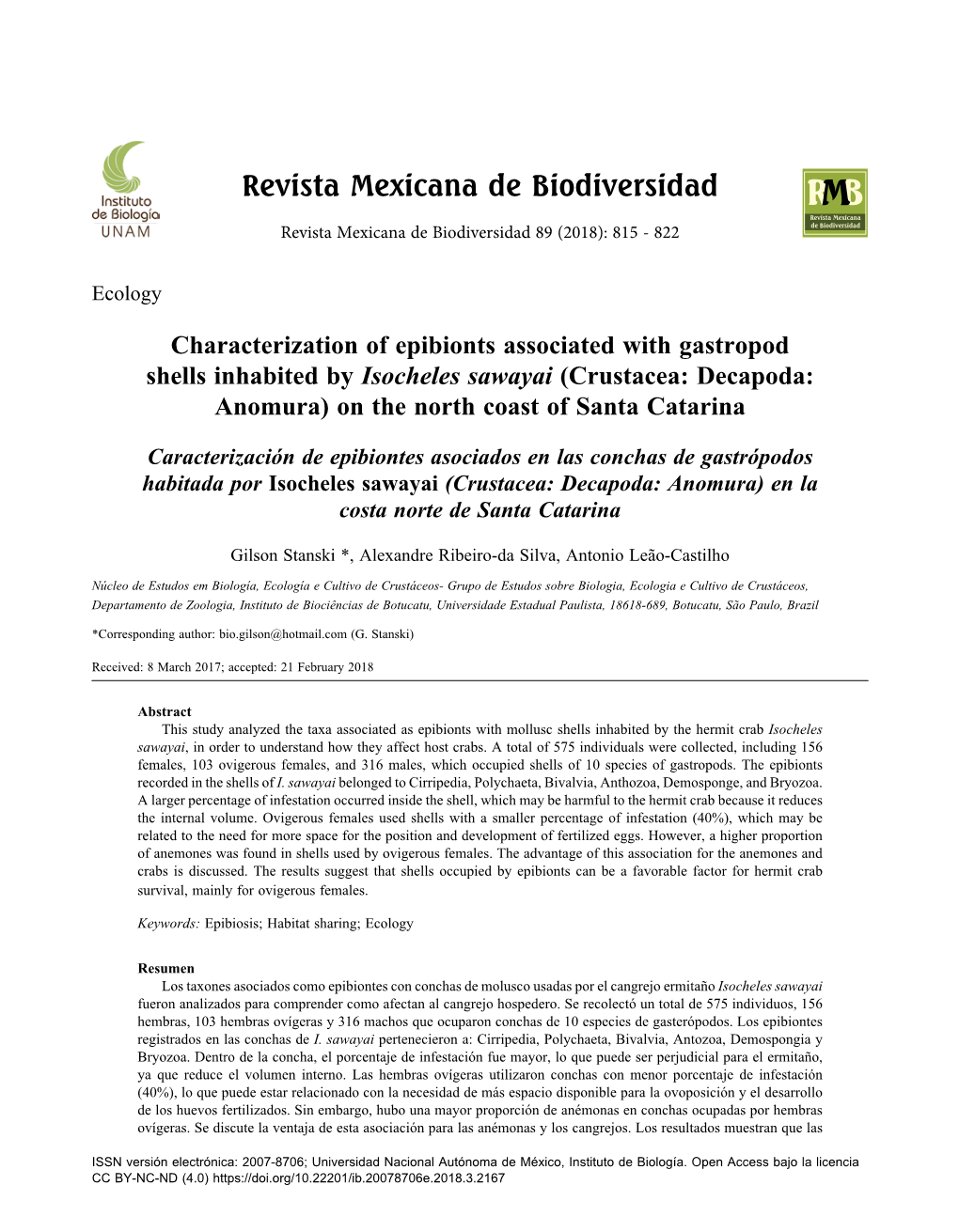 Characterization of Epibionts Associated with Gastropod Shells Inhabited by Isocheles Sawayai (Crustacea: Decapoda: Anomura) on the North Coast of Santa Catarina