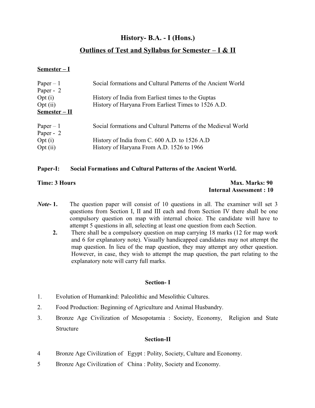 Outlines of Test and Syllabus for Semester I & II