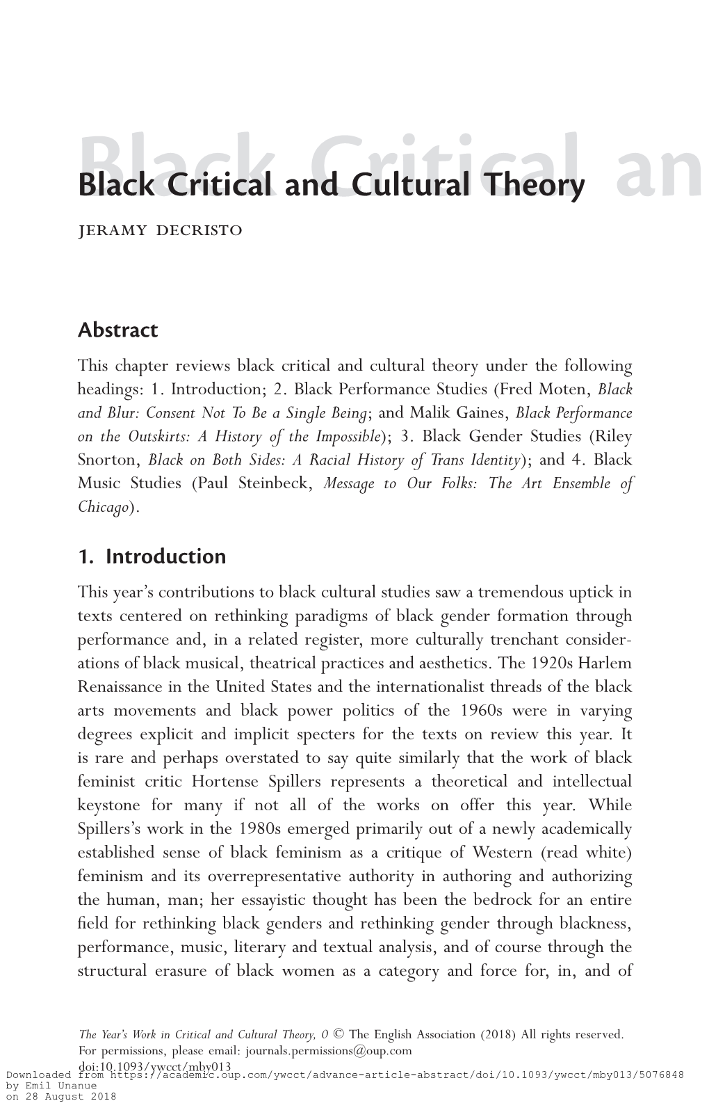 Black Critical and Critical Cultural Theory and Jeramy Decristo