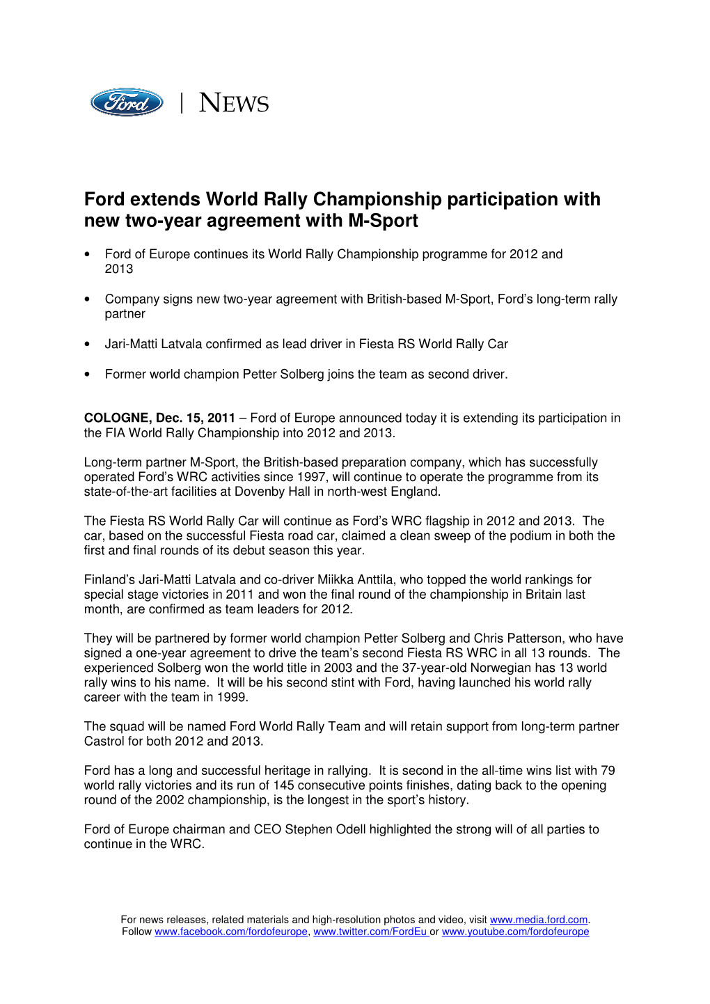 Ford Extends World Rally Championship Participation with New Two-Year Agreement with M-Sport