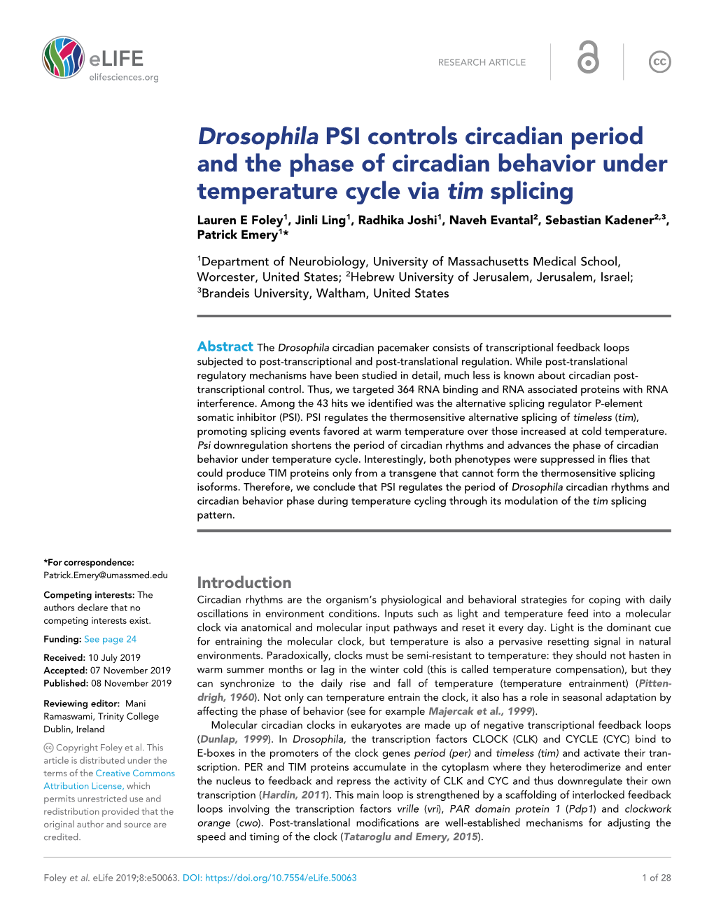 Drosophila PSI Controls Circadian Period and the Phase of Circadian