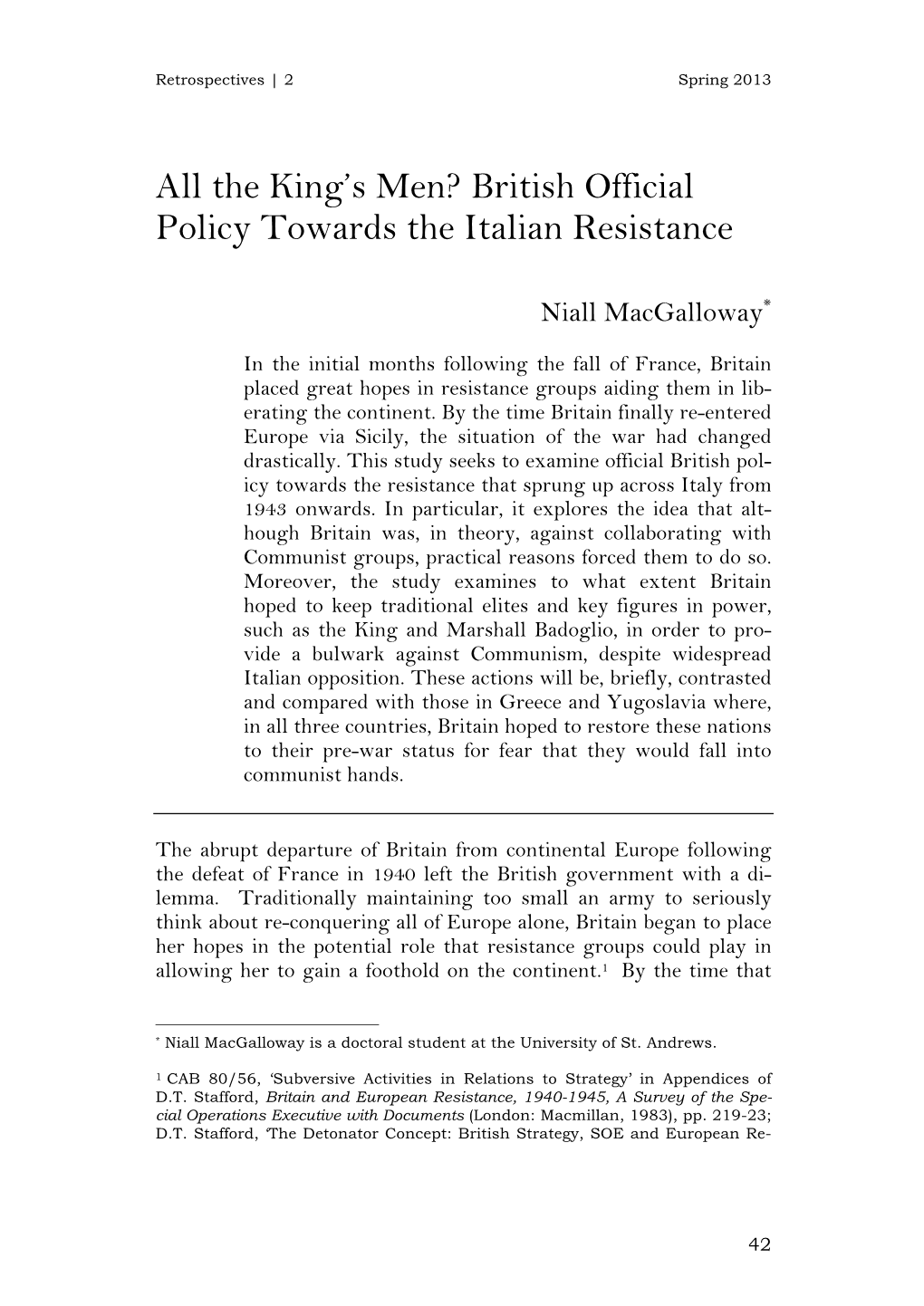 All the King's Men? British Official Policy Towards the Italian Resistance