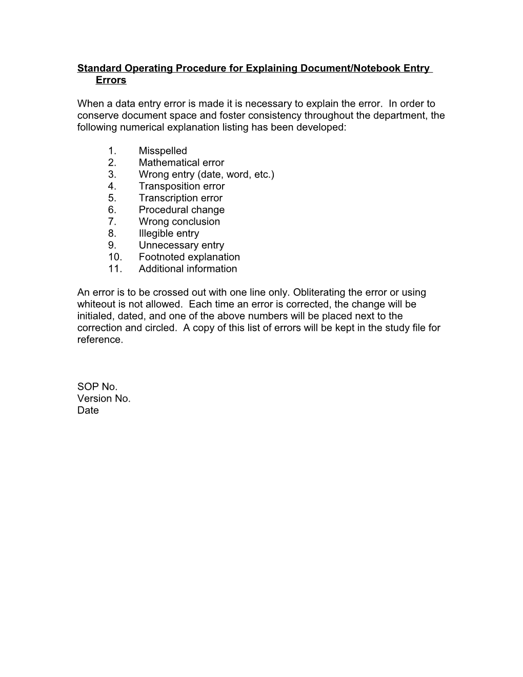 Standard Operating Procedure for Explaining Document/Notebook Entry Errors