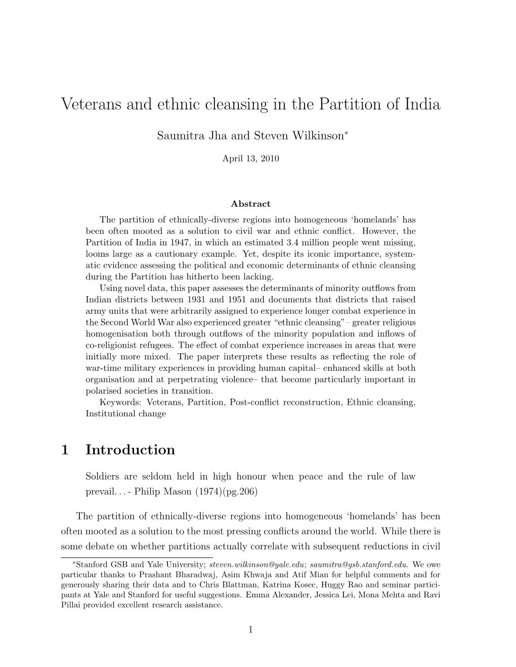 Veterans and Ethnic Cleansing in the Partition of India