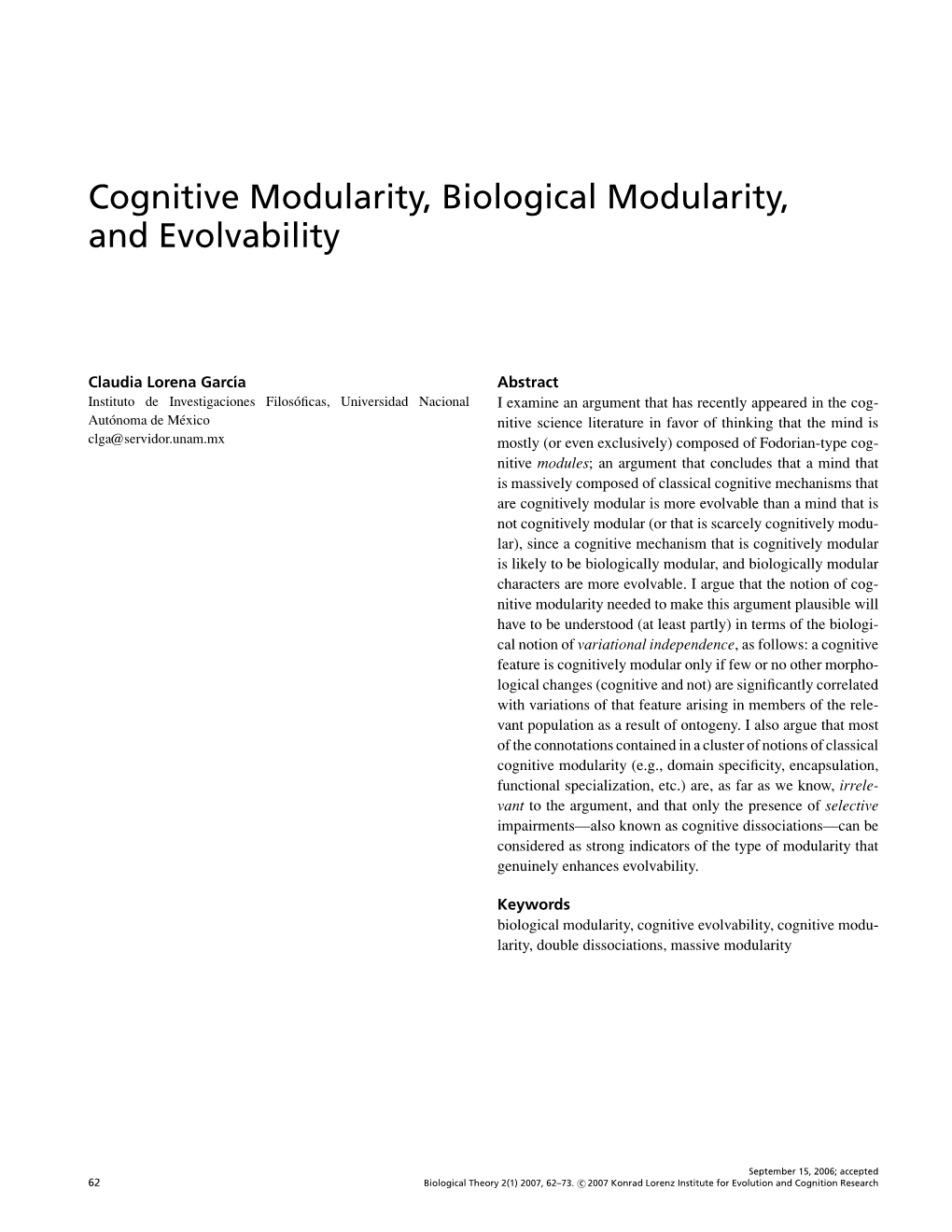 Cognitive Modularity, Biological Modularity, and Evolvability