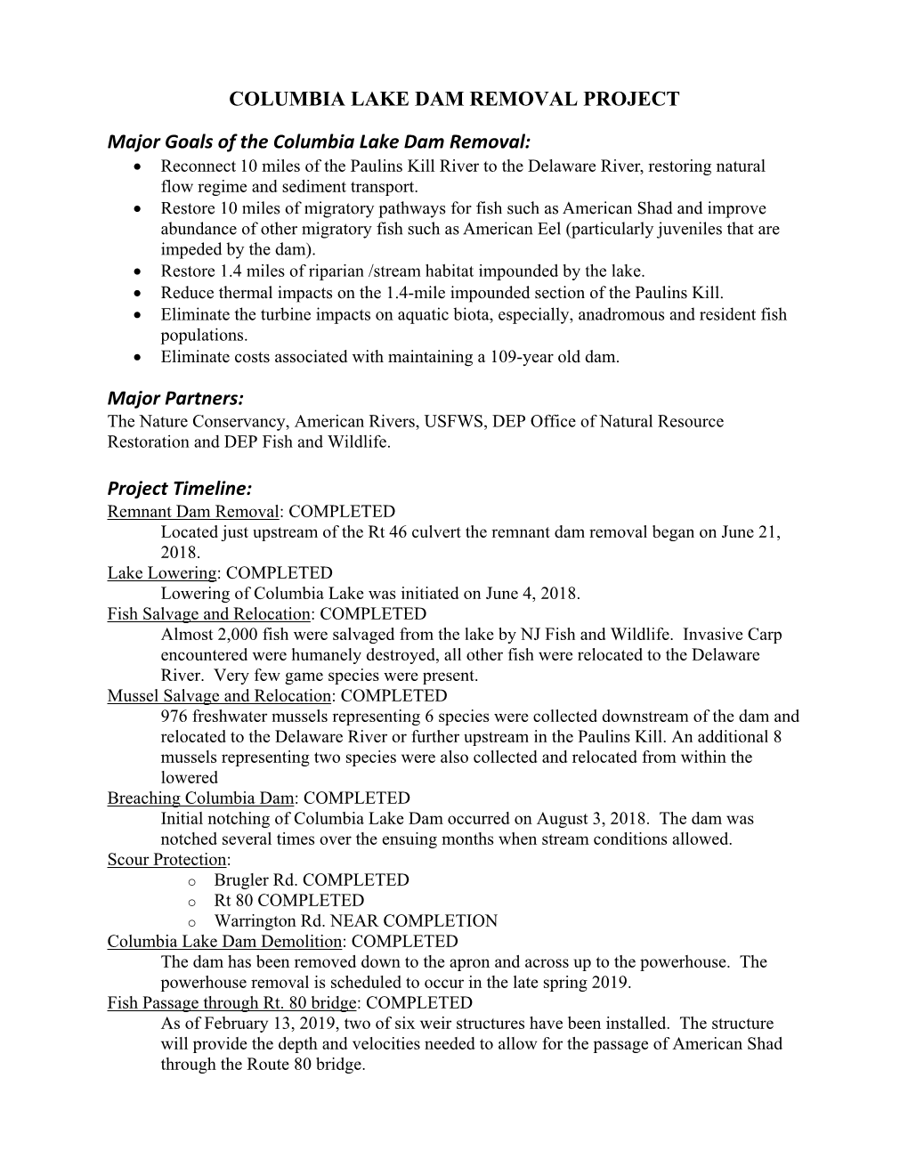 Columbia Lake Dam Removal Project Information