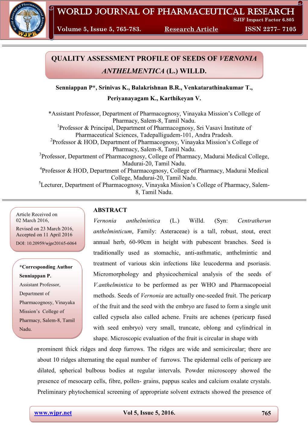 World Journal of Pharmaceutical Research Senniappan Et Al
