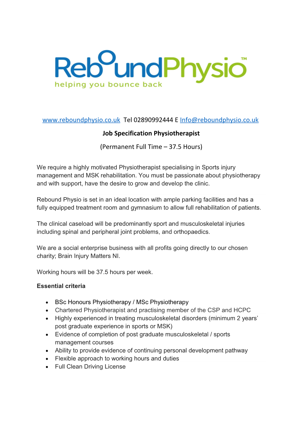 Job Specification Physiotherapist