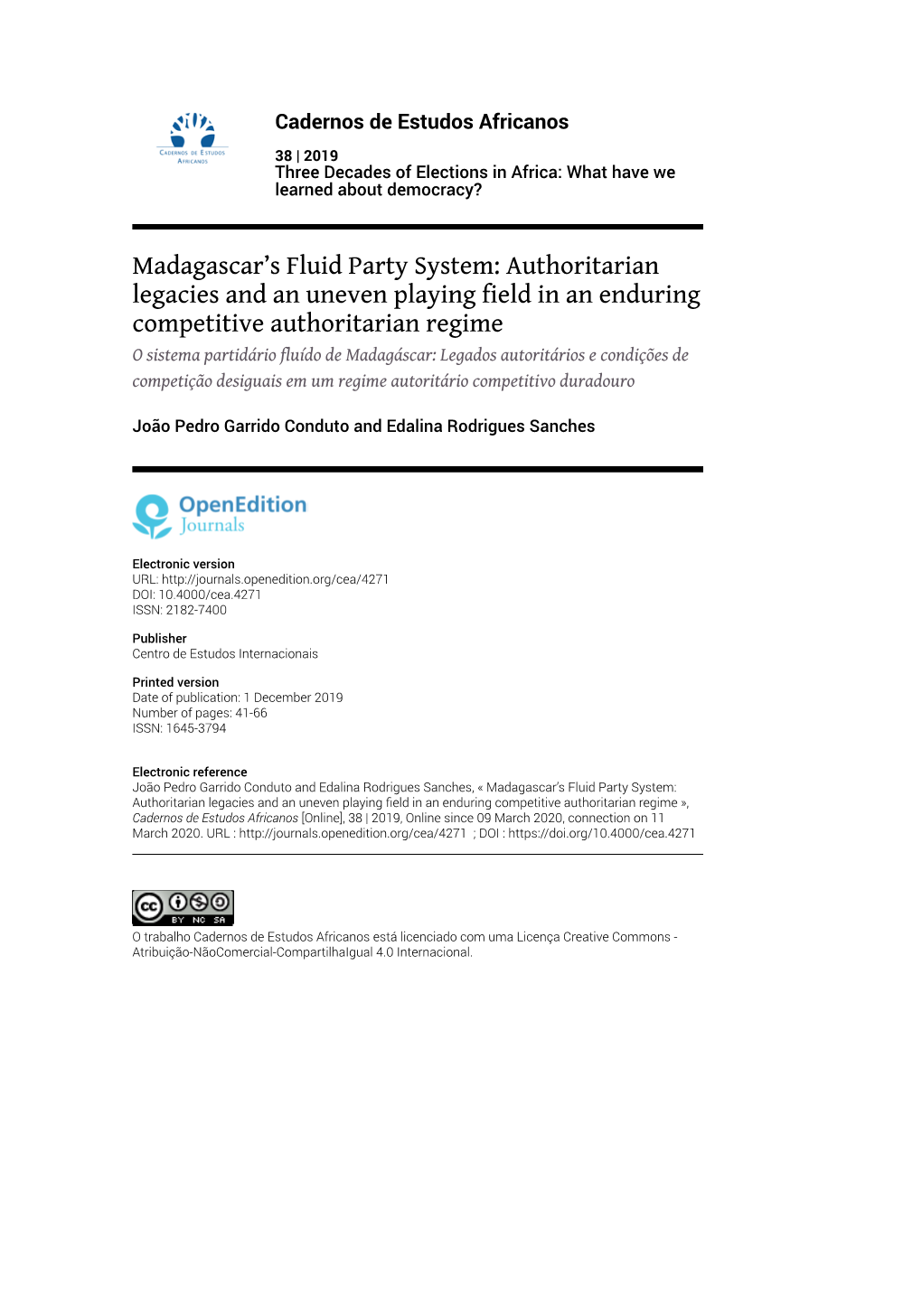 Madagascar's Fluid Party System: Authoritarian Legacies and An