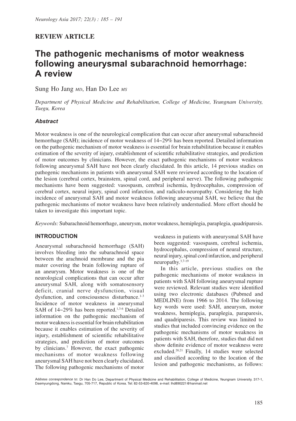 The Pathogenic Mechanisms of Motor Weakness Following Aneurysmal Subarachnoid Hemorrhage: a Review