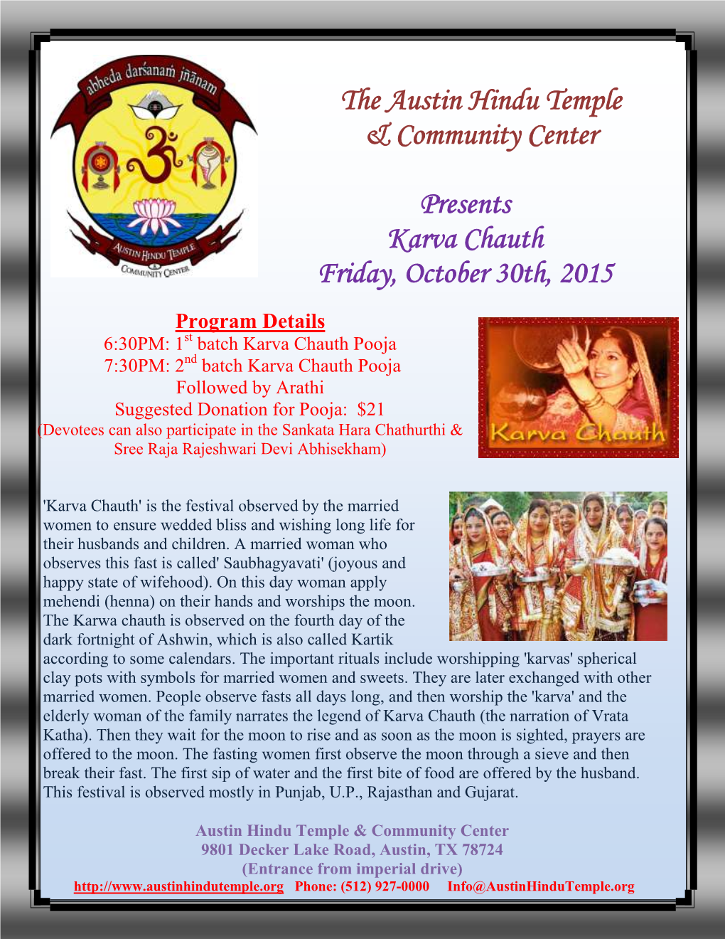 The Austin Hindu Temple & Community Center Presents Karva Chauth Friday, October 30Th, 2015