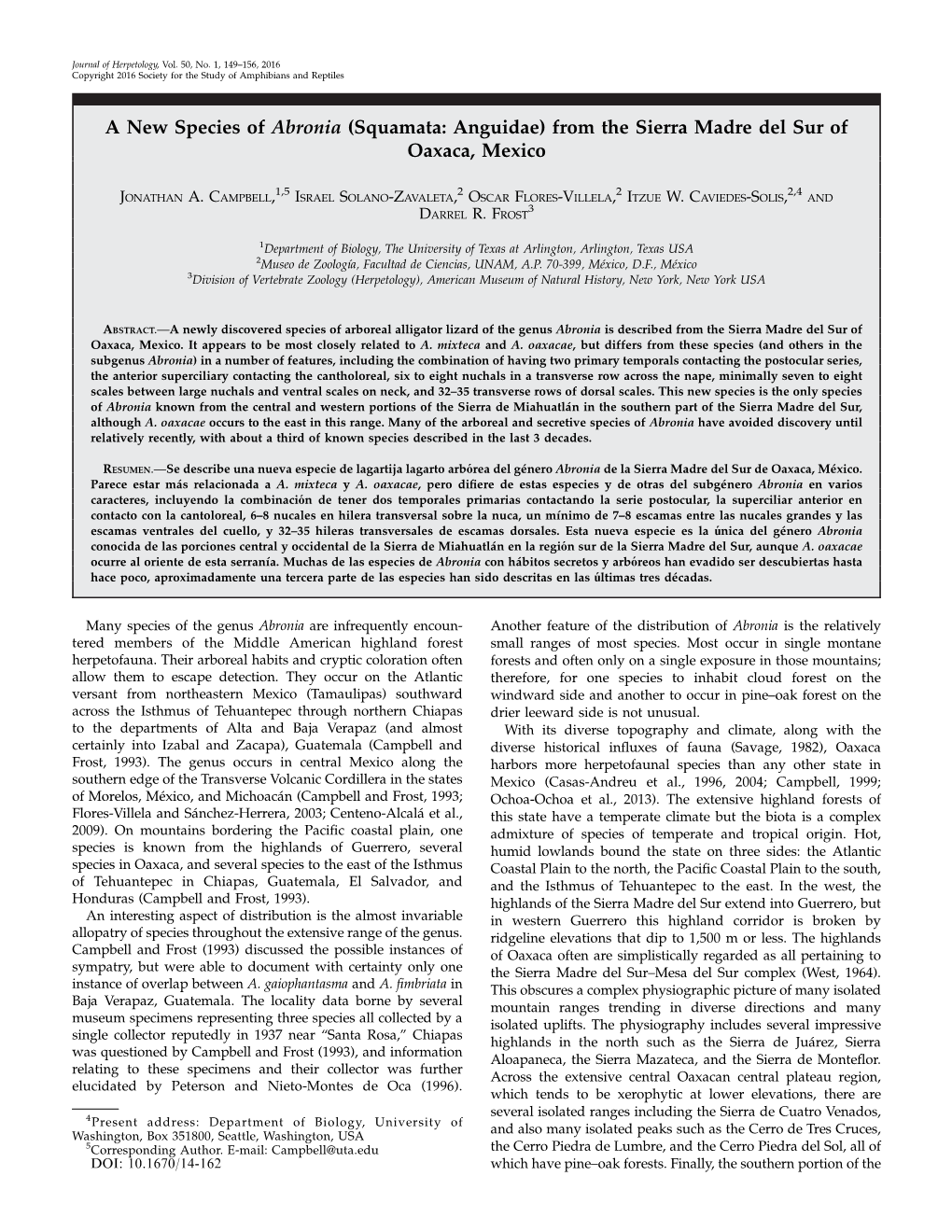 A New Species of Abronia (Squamata: Anguidae) from the Sierra Madre Del Sur of Oaxaca, Mexico