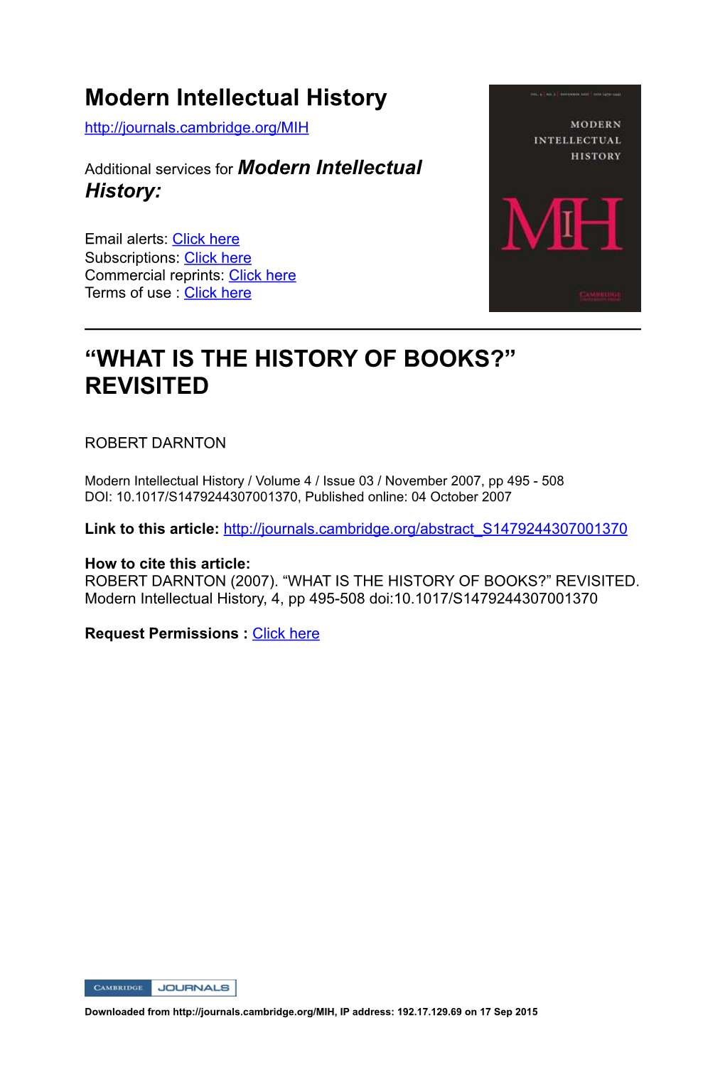 Darnton What Is the History of Books Revisited