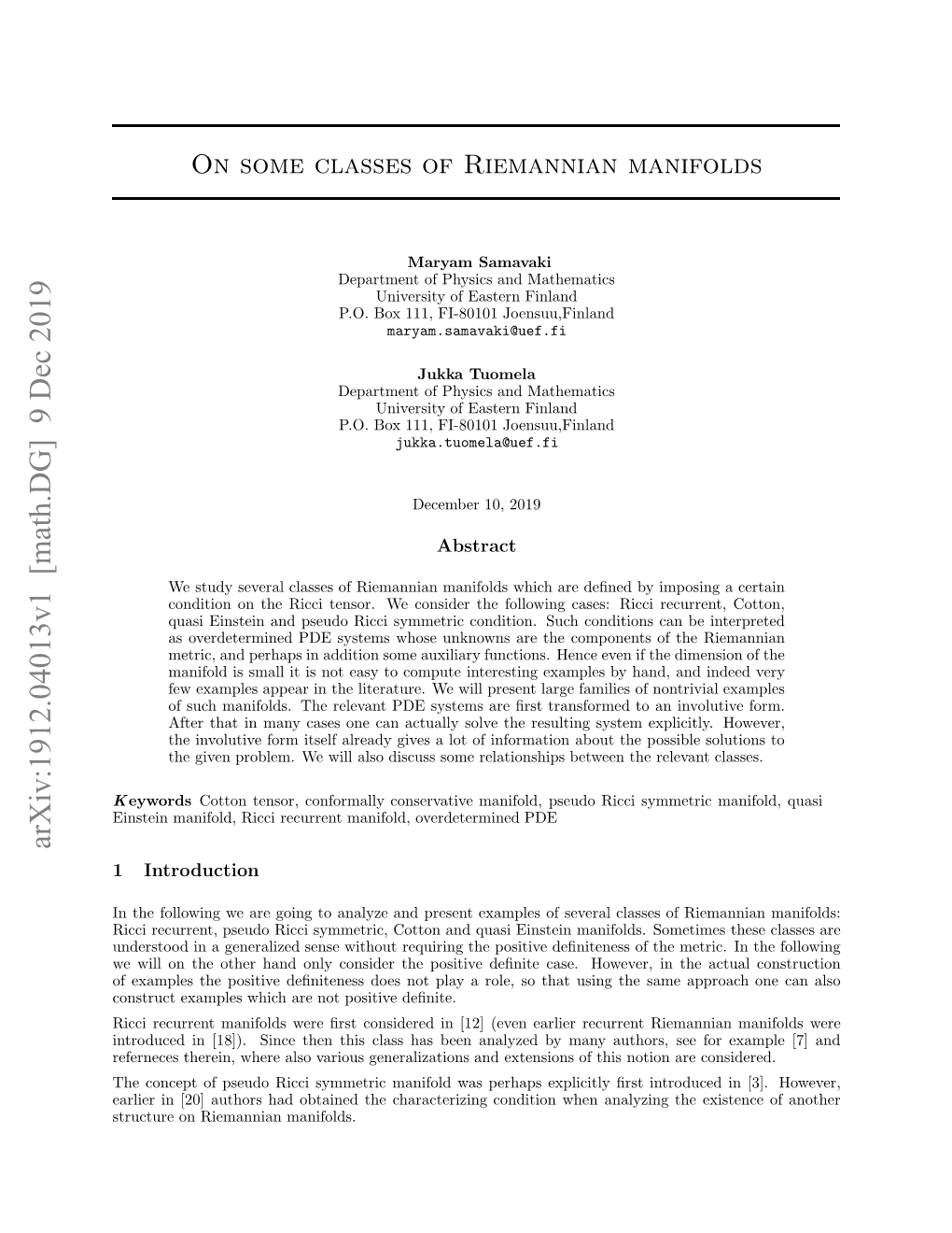 Math.DG] 9 Dec 2019 Ale N[0 Uhr a Bandtecaatrzn Odto Whe Condition Characterizing Explicit the Perhaps Au Manifolds