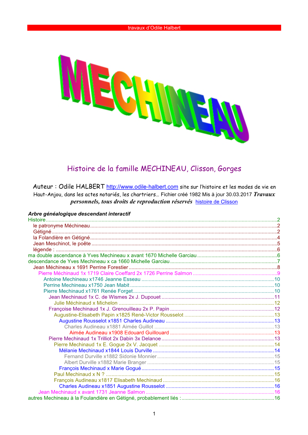 Histoire De La Famille MECHINEAU, Clisson, Gorges