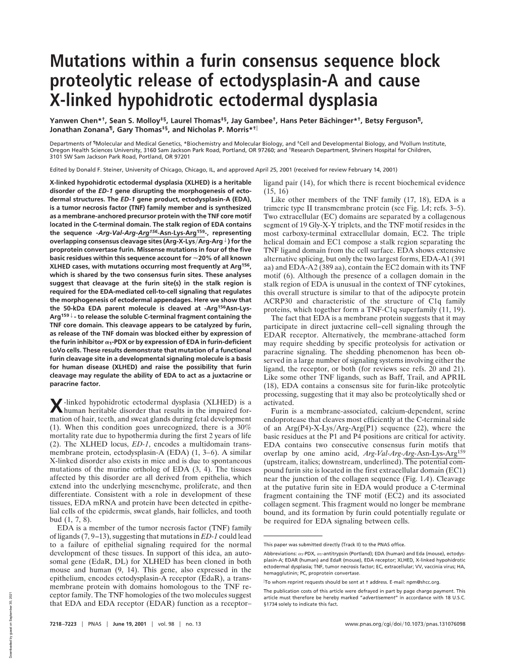 Mutations Within a Furin Consensus Sequence Block Proteolytic Release of Ectodysplasin-A and Cause X-Linked Hypohidrotic Ectodermal Dysplasia