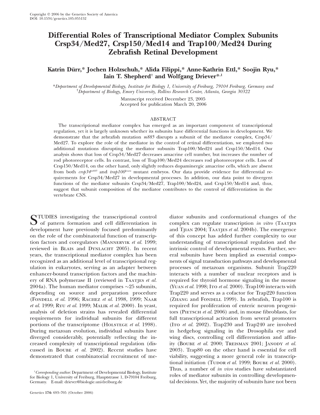 Differential Roles of Transcriptional Mediator Complex Subunits Crsp34/Med27, Crsp150/Med14 and Trap100/Med24 During Zebraﬁsh Retinal Development