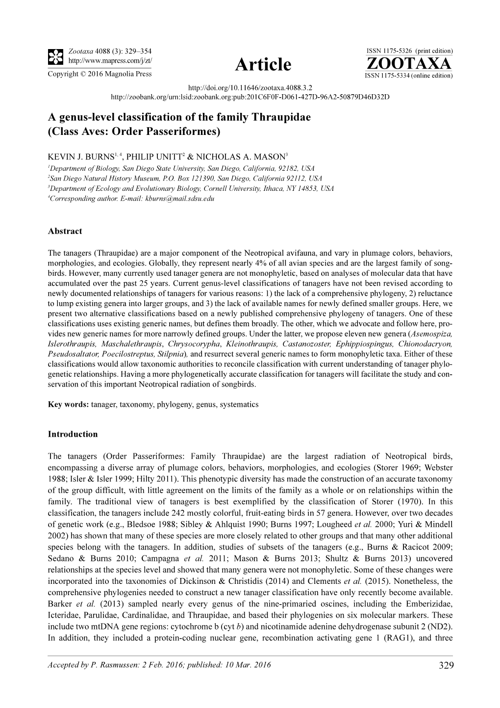 A Genus-Level Classification of the Family Thraupidae (Class Aves: Order Passeriformes)