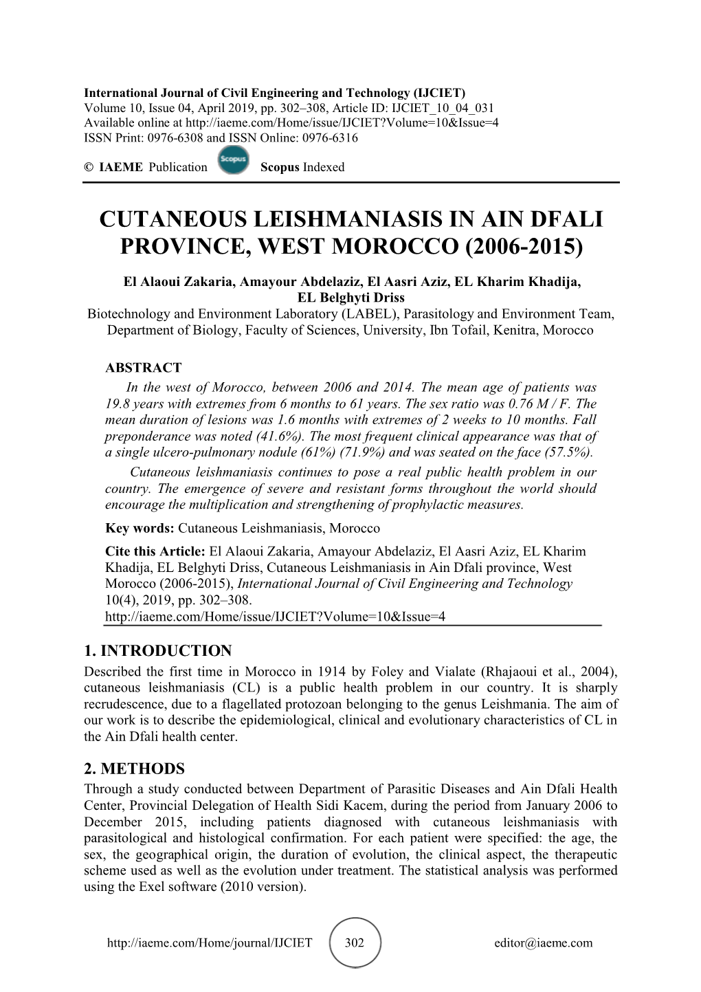 Cutaneous Leishmaniasis in Ain Dfali Province, West Morocco (2006-2015)