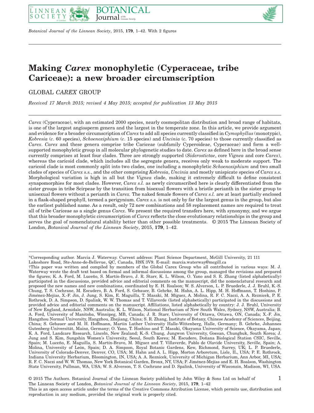 Cyperaceae, Tribe Cariceae): a New Broader Circumscription