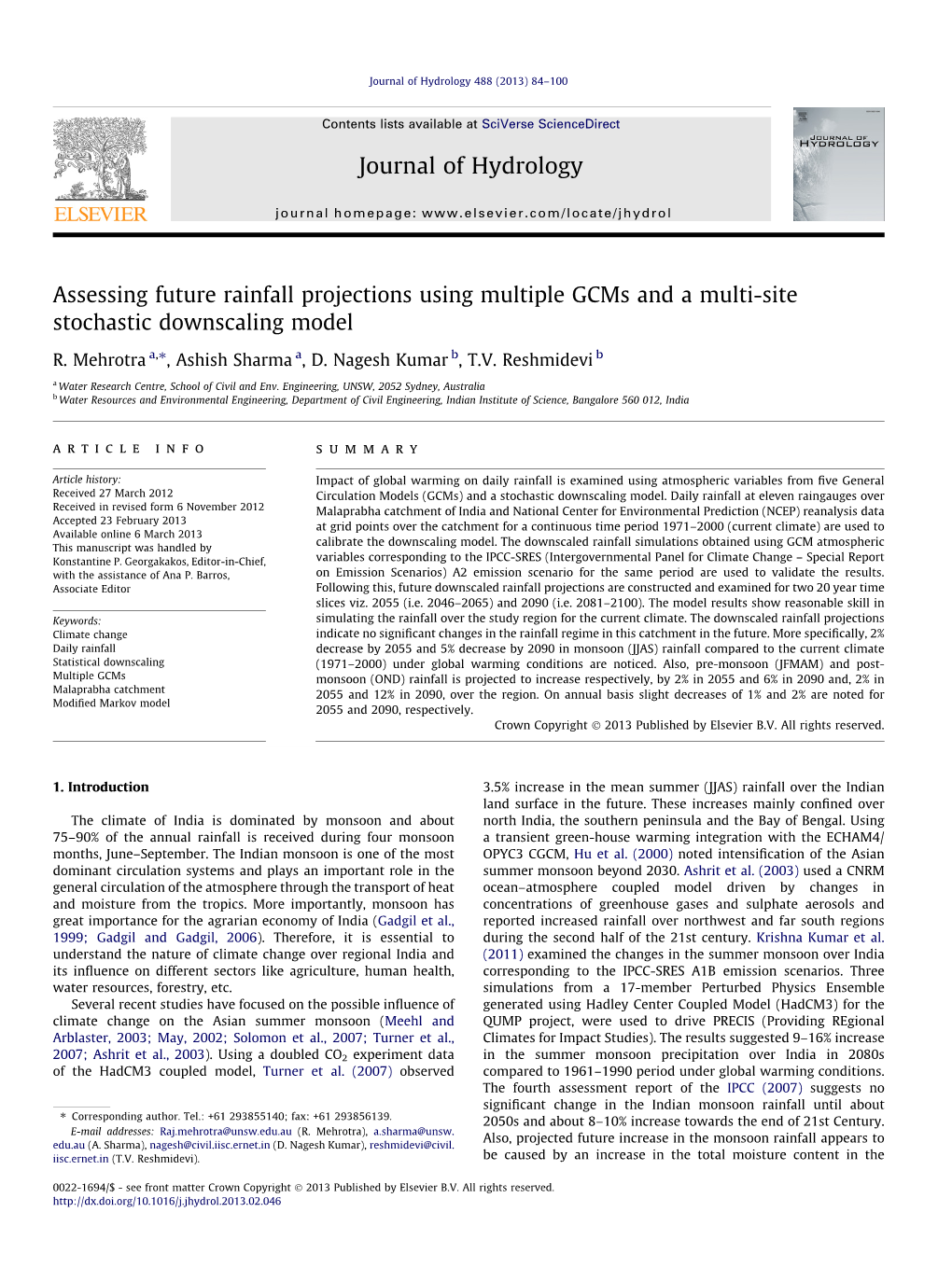 Assessing Future Rainfall Projections Using Multiple Gcms and a Multi-Site Stochastic Downscaling Model ⇑ R