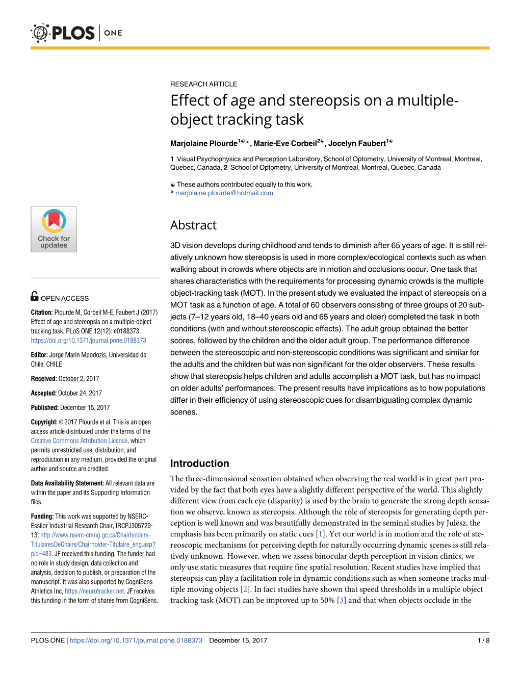 Effect of Age and Stereopsis on a Multiple-Object Tracking Task