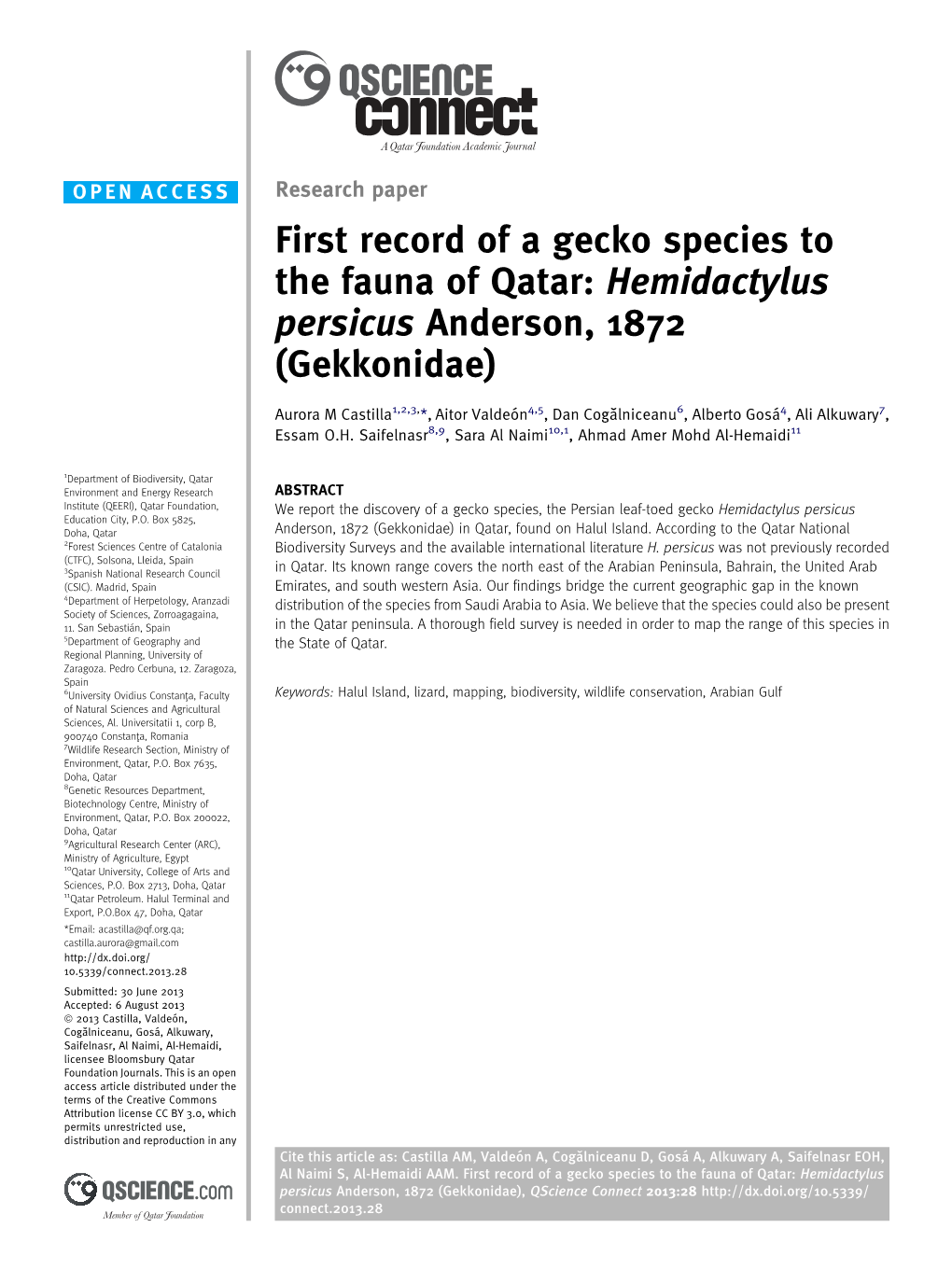First Record of a Gecko Species to the Fauna of Qatar: Hemidactylus Persicus Anderson, 1872 (Gekkonidae)