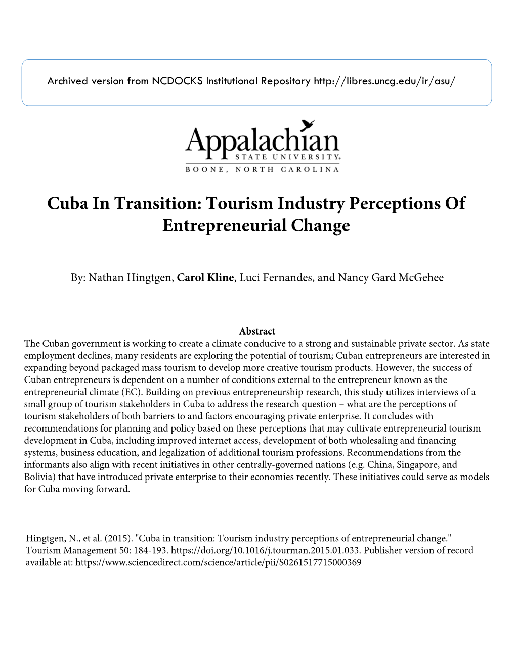 Cuba in Transition: Tourism Industry Perceptions of Entrepreneurial Change