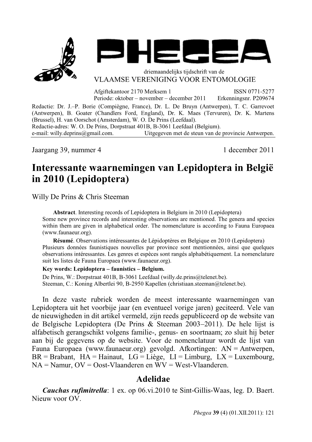 Driemaandelijks Tijdschrift Van De VLAAMSE VERENIGING VOOR ENTOMOLOGIE