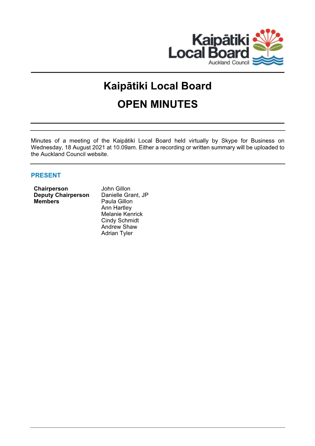 Minutes of Kaipātiki Local Board