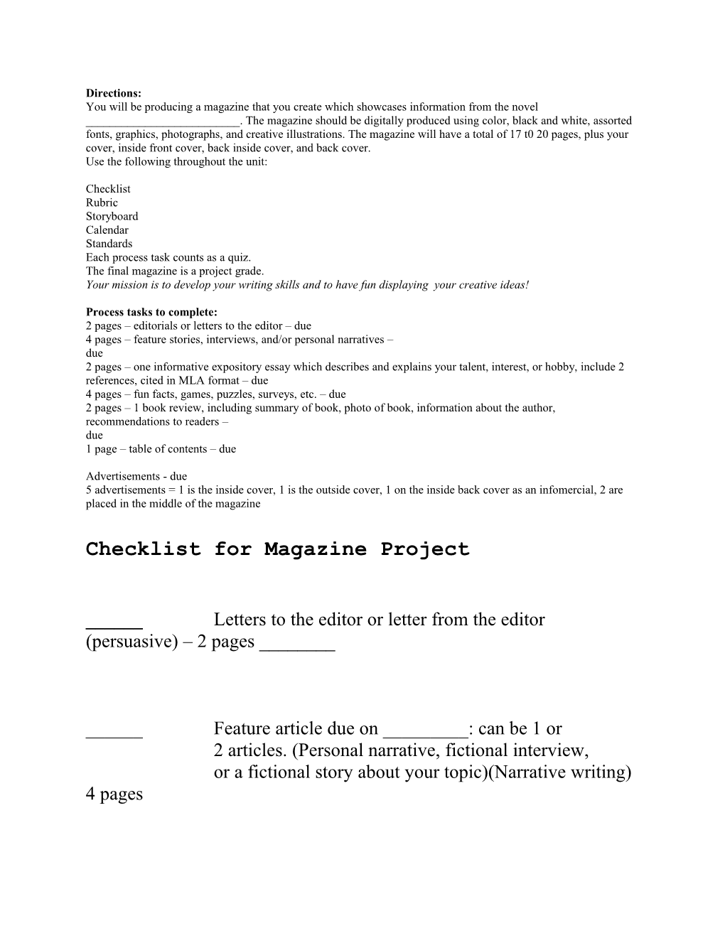 Checklist for Magazine Project