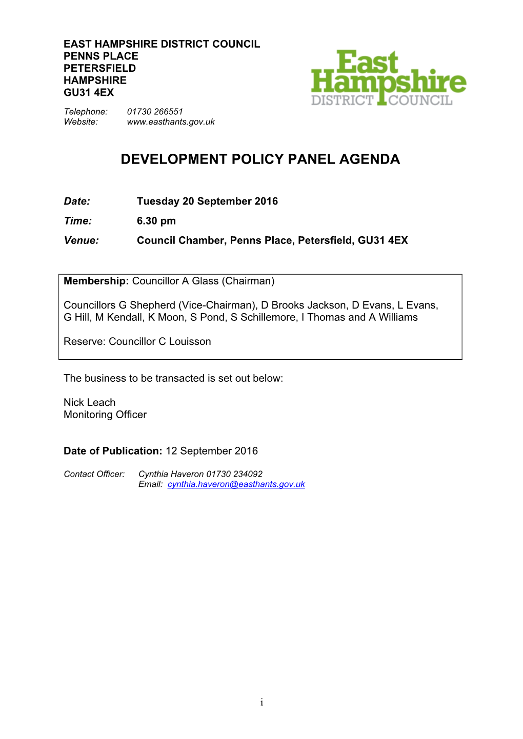 (Public Pack)Agenda Document for Development Policy Panel, 20/09