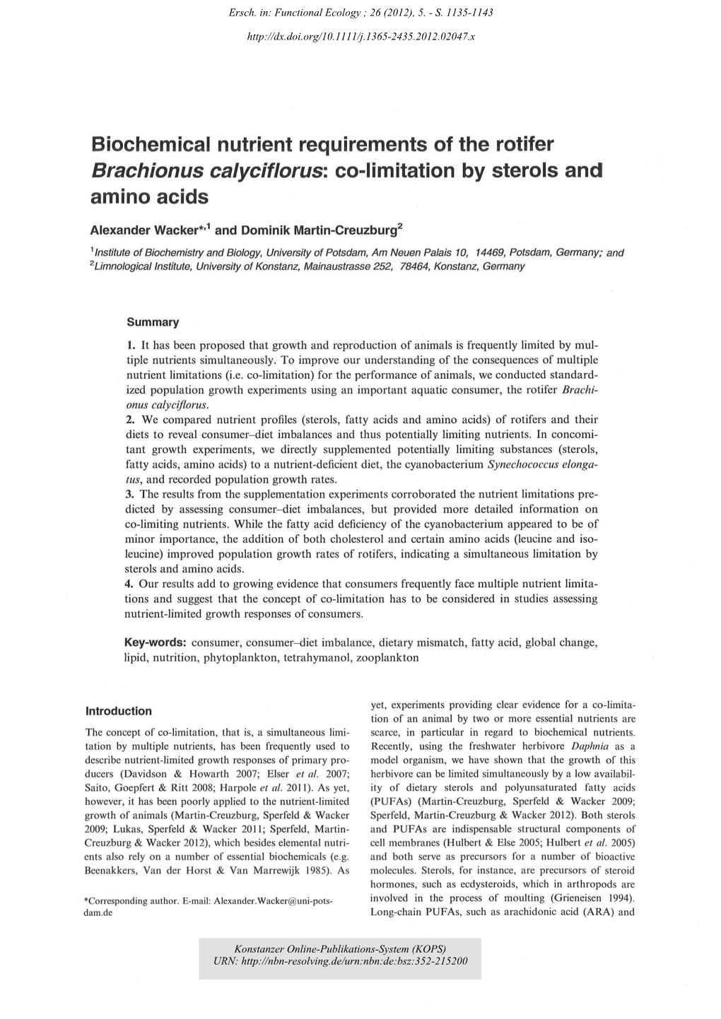 Biochemical Nutrient Requirements of the Rotifer Brachionus Calyciflorus: Co-Limitation by Sterols and Amino Acids