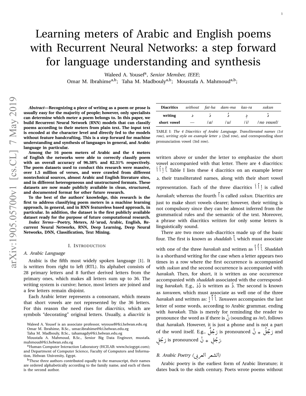 Learning Meters of Arabic and English Poems with Recurrent Neural