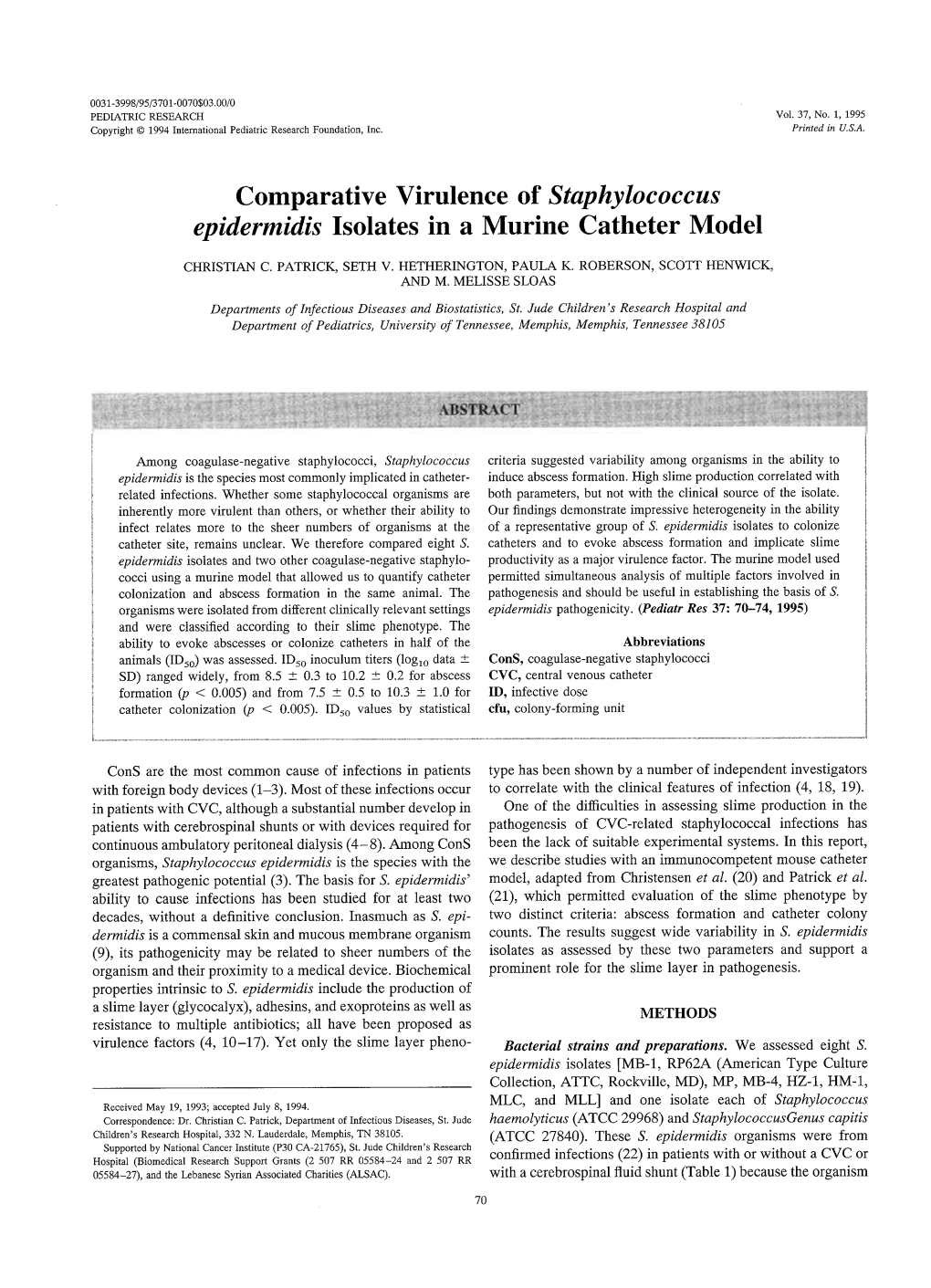 Comparative Virulence of Staphylococcus Epidermidis Isolates in a Murine Catheter Model