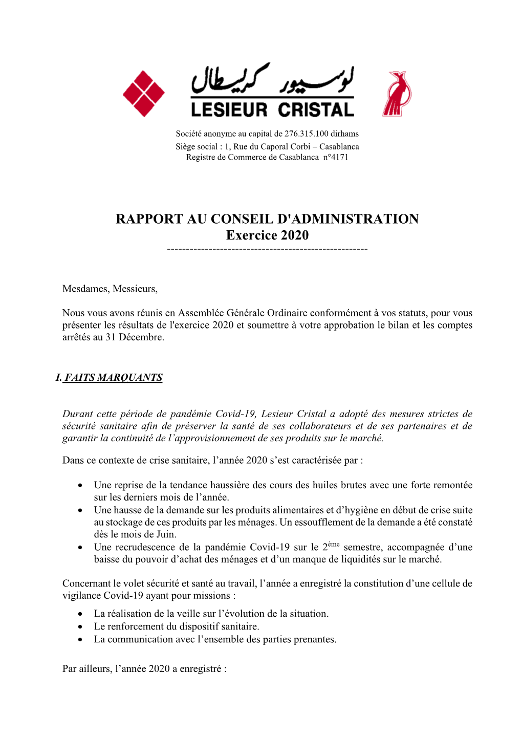 RAPPORT AU CONSEIL D'administration Exercice 2020