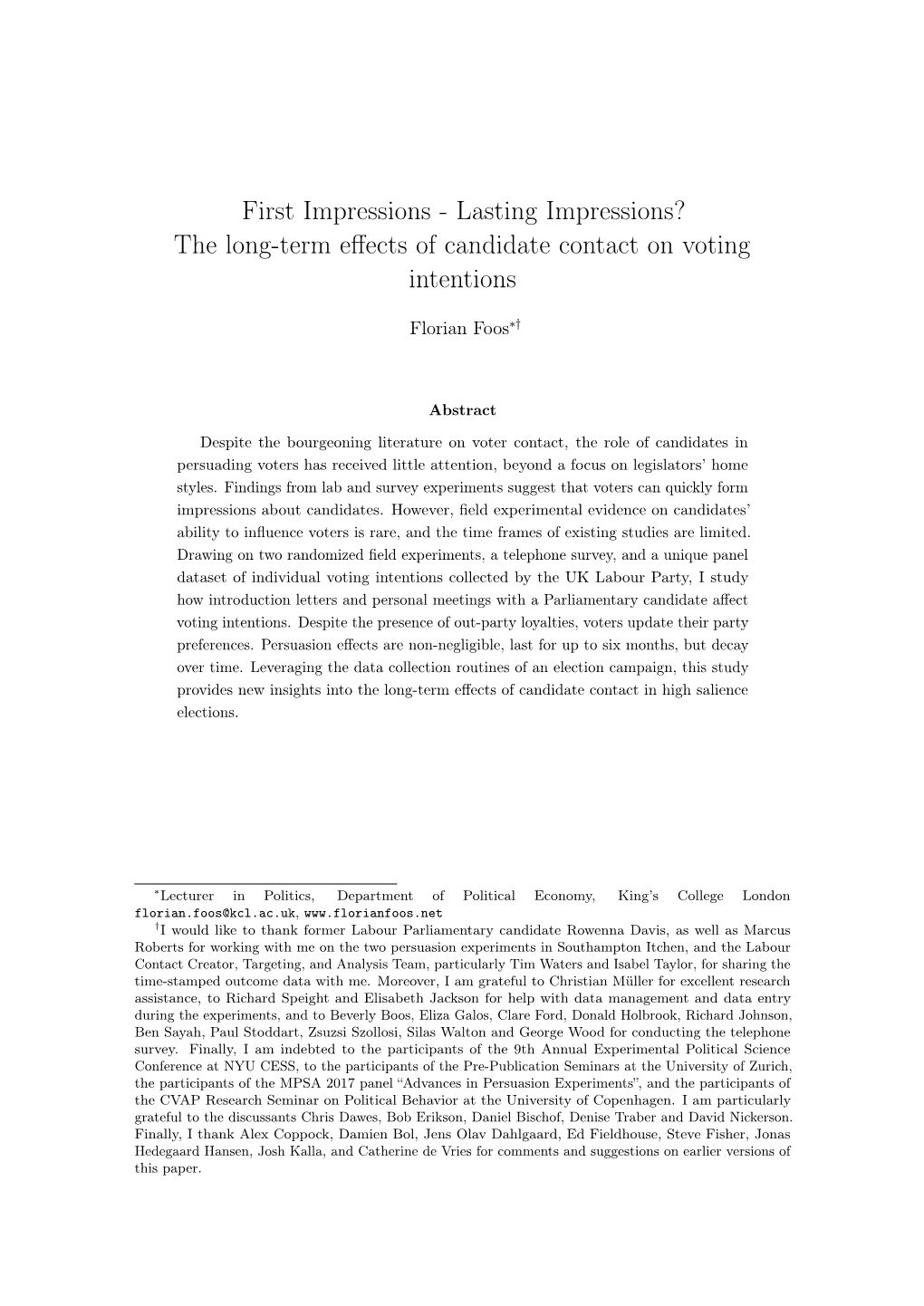 The Long-Term Effects of Candidate Contact on Voting Intentions