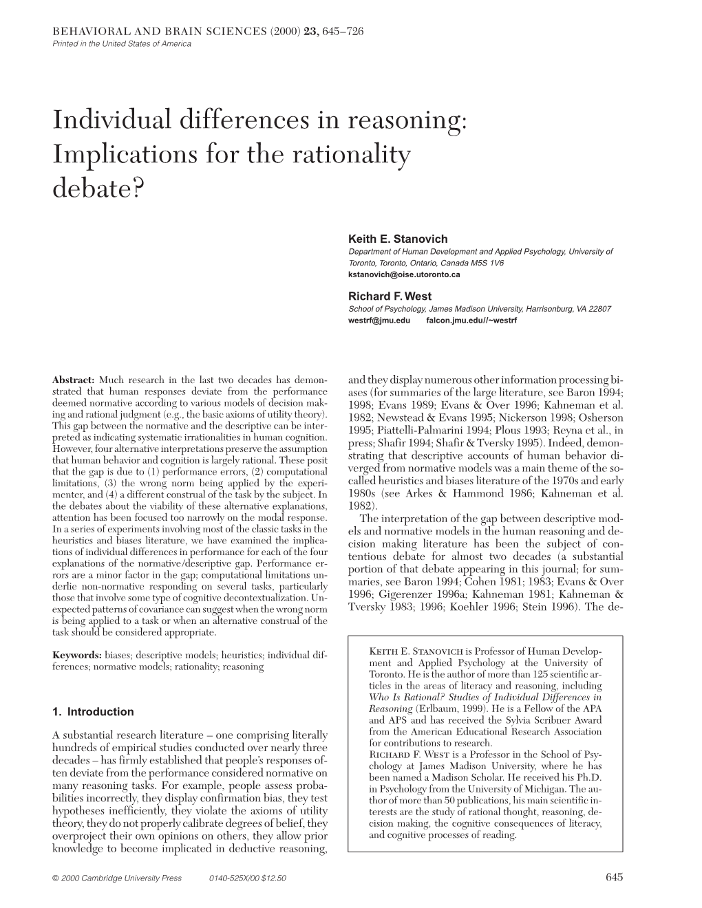 Individual Differences in Reasoning: Implications for the Rationality Debate?