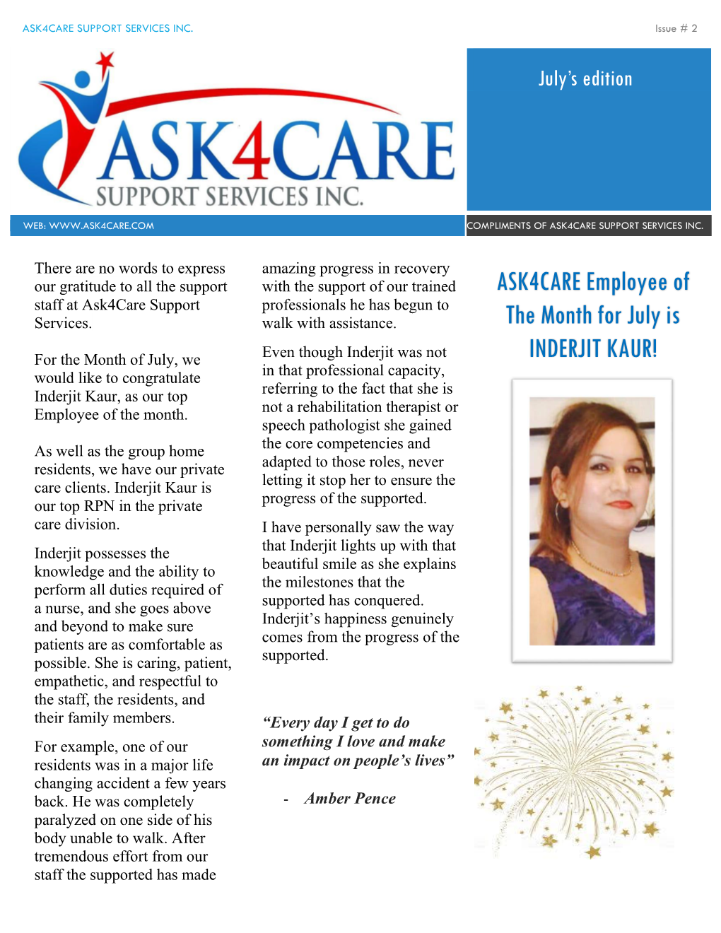 ASK4CARE Employee of the Month for July Is INDERJIT KAUR!