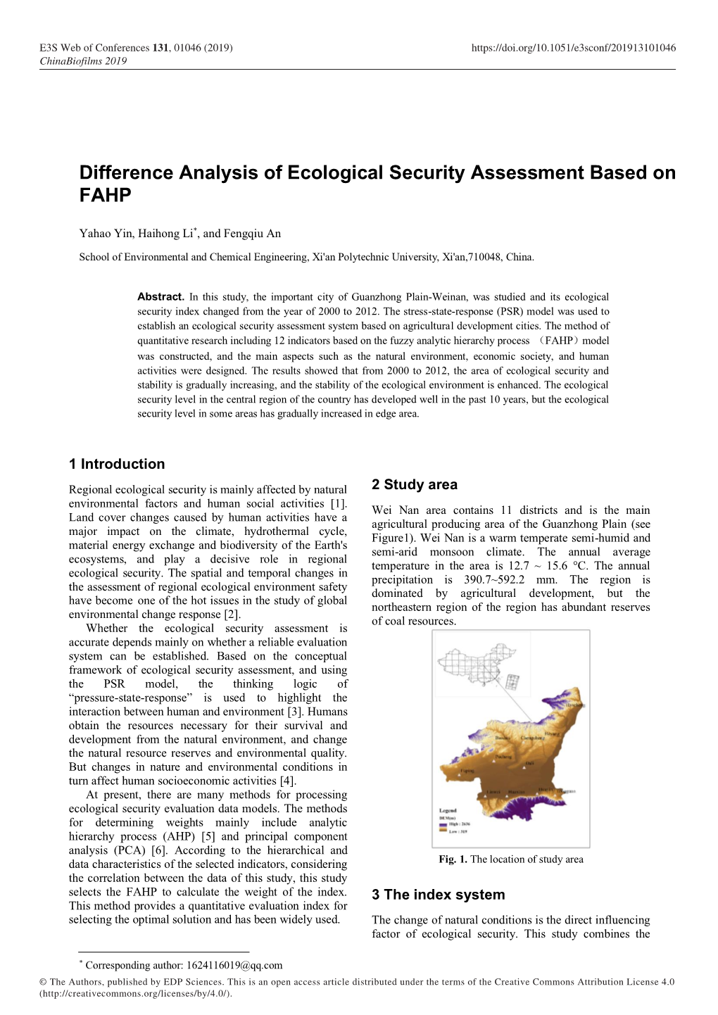 Difference Analysis of Ecological Security Assessment Based on FAHP