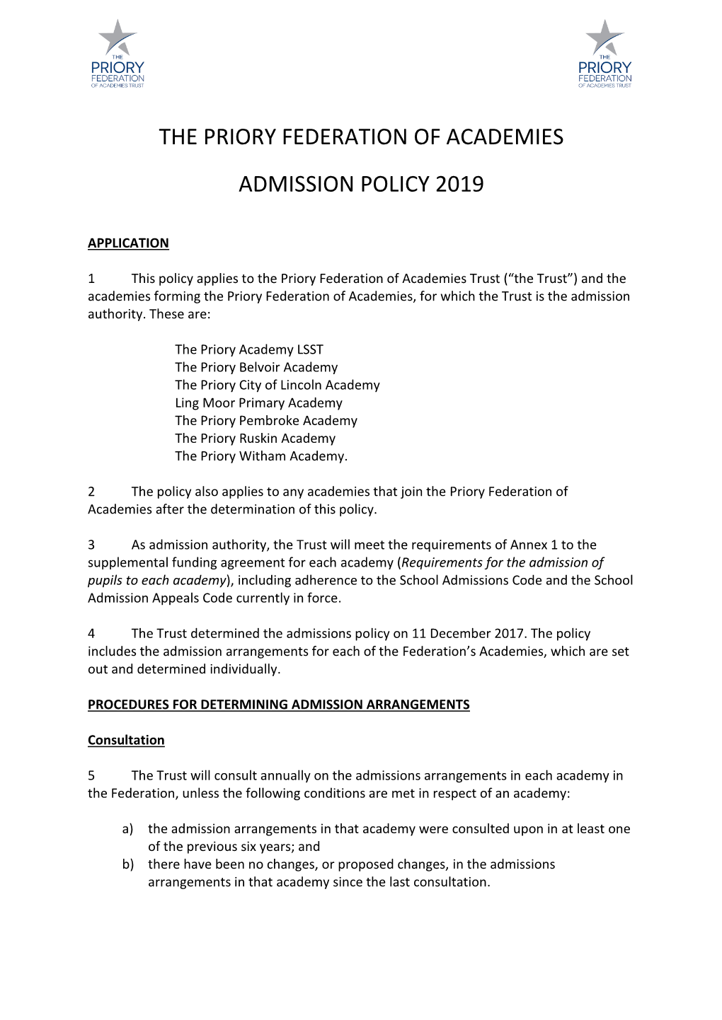 The Priory Federation of Academies Admission Policy