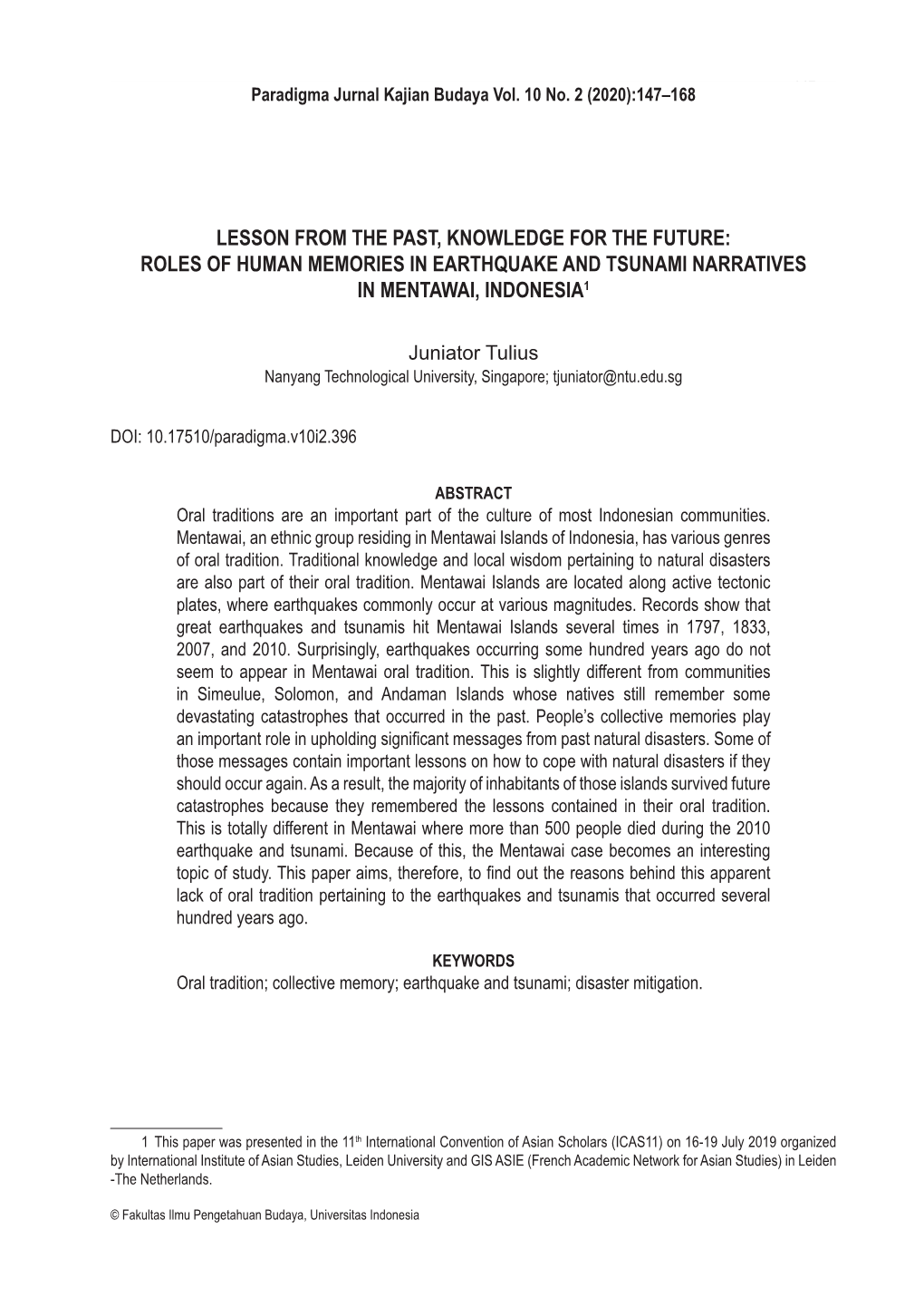 Roles of Human Memories in Earthquake and Tsunami Narratives in Mentawai, Indonesia1